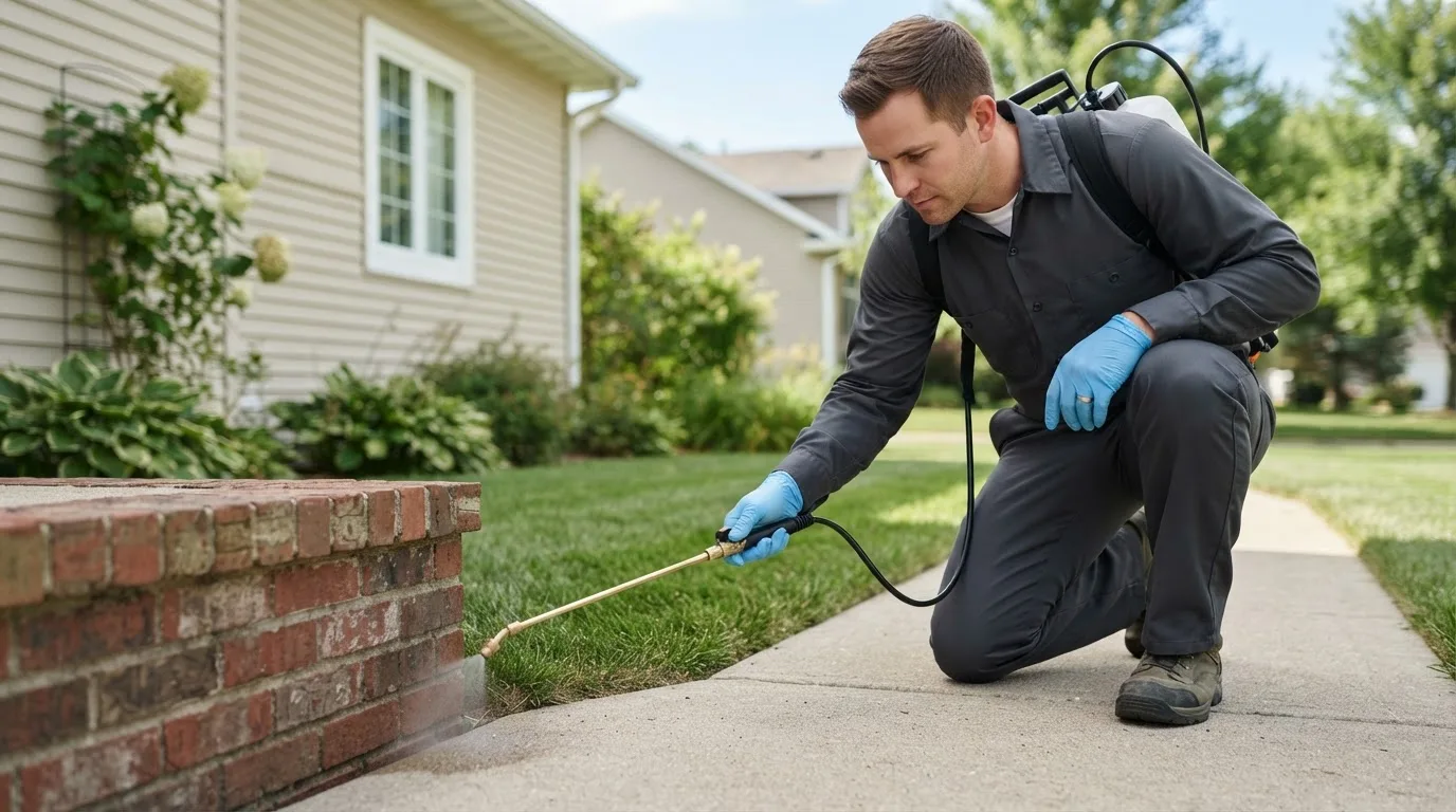Pest control technician treating a home near Danevang, TX