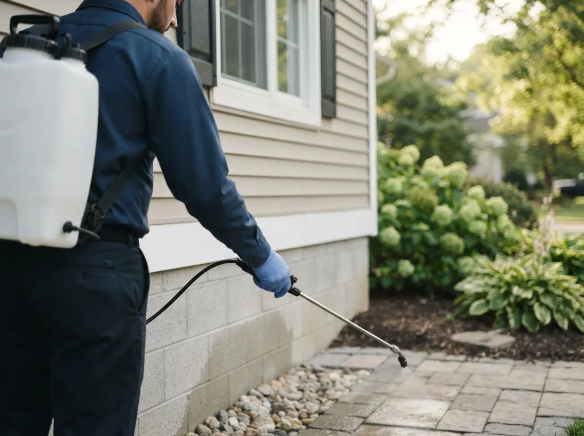 Pest control technician inspecting a home in Danevang, TX